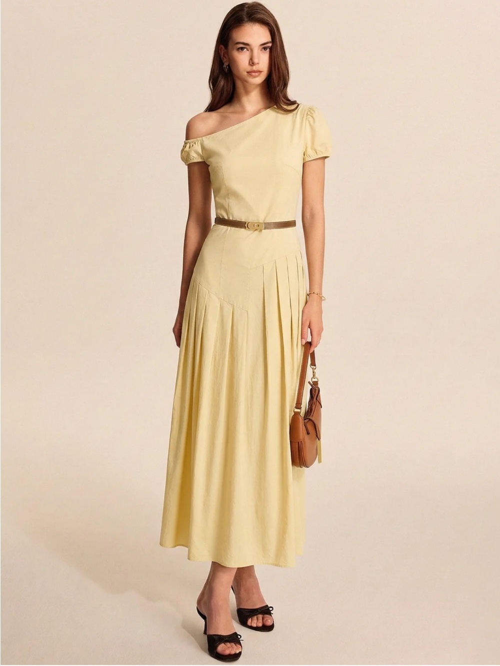 Commense Cotton One-Shoulder Belted Maxi Dress Size XS NWT